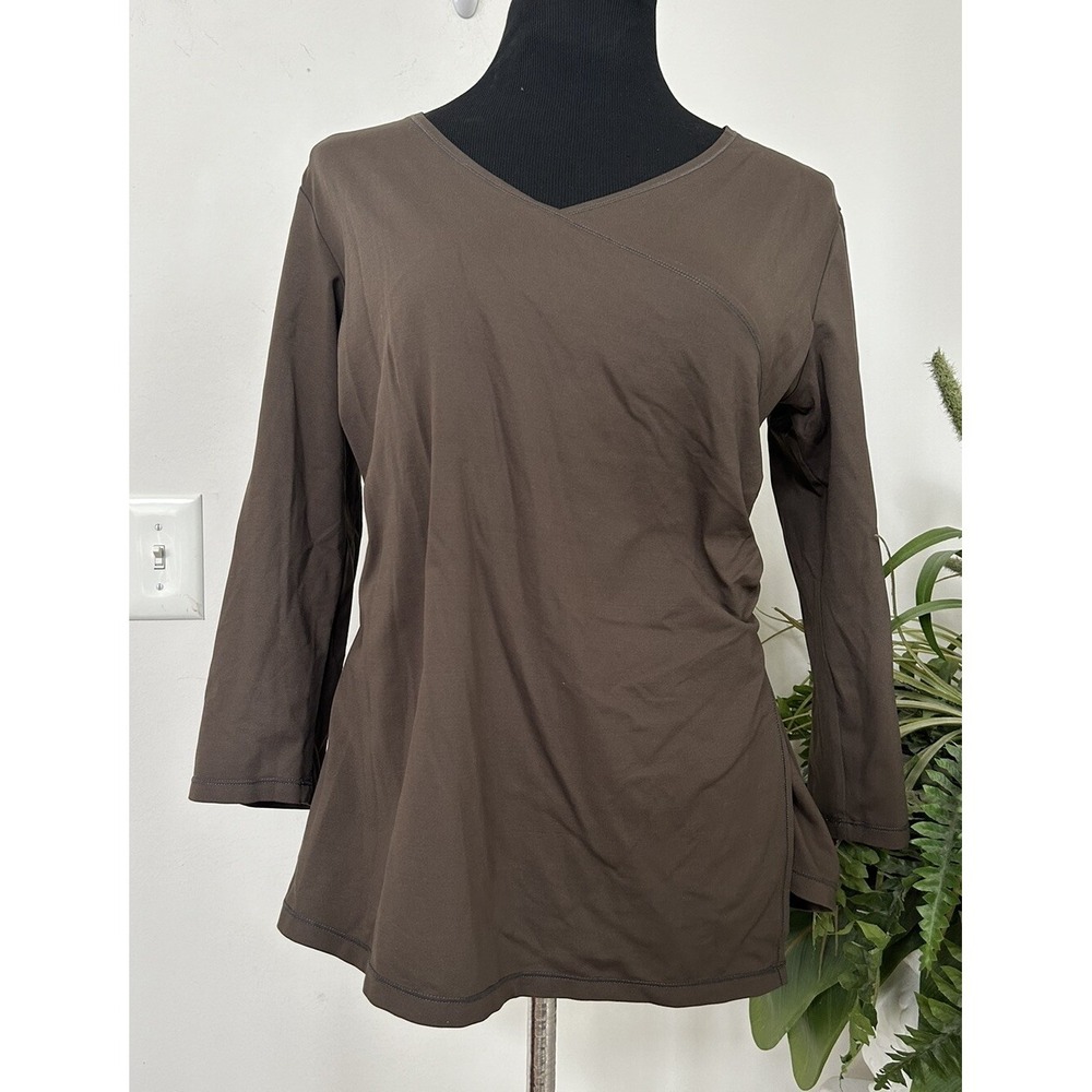 Title Nine Womens Brown Meryl Nylon V-Neck Faux Wrap Blouse Top Sz L